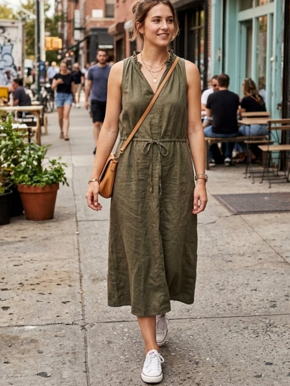 Well Worn Olive Green Linen Blend Ruffle V-Neck Dress Tie Waist M Midi Maxi